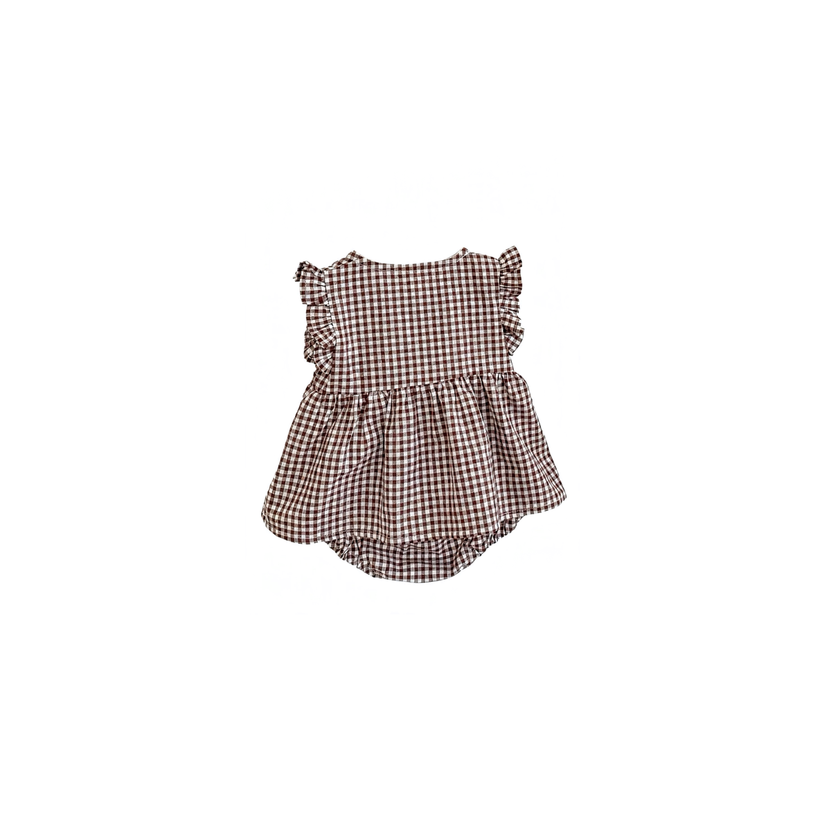 Baby gingham top and bloomers set back view in chocolate brown with ruffle sleeves
