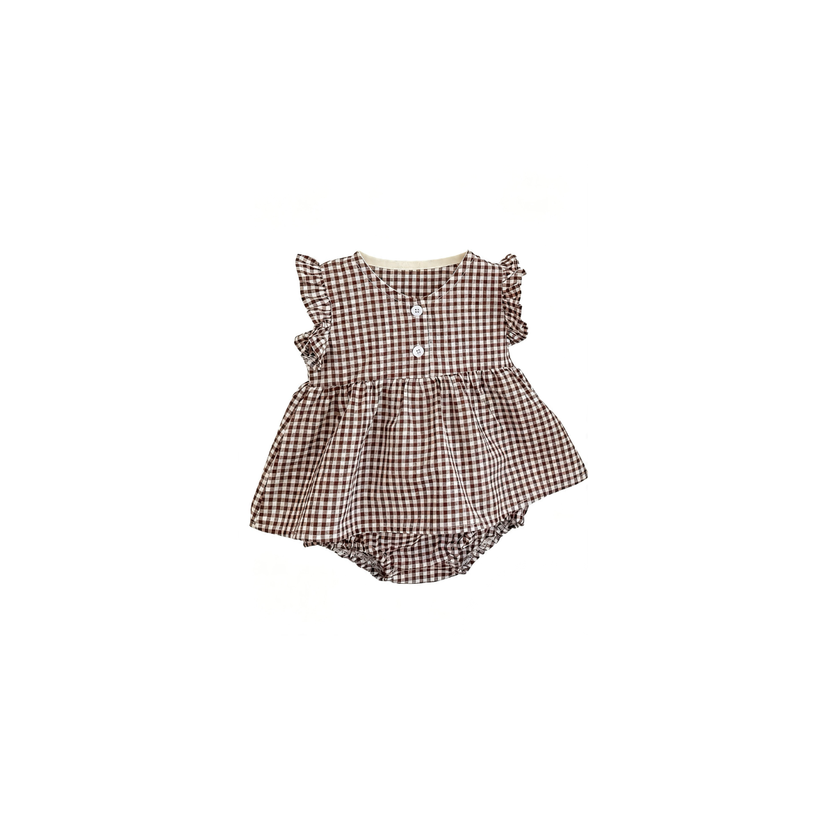 Baby gingham top and bloomers set front view in chocolate brown with ruffle sleeves and button detail
