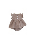 Baby gingham top and bloomers set front view in chocolate brown with ruffle sleeves and button detail
