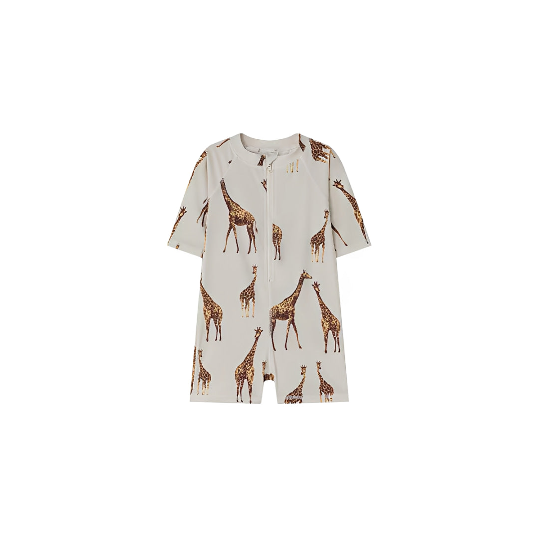 Giraffe print baby swim romper with zip front, soft breathable toddler swimsuit for summer outings