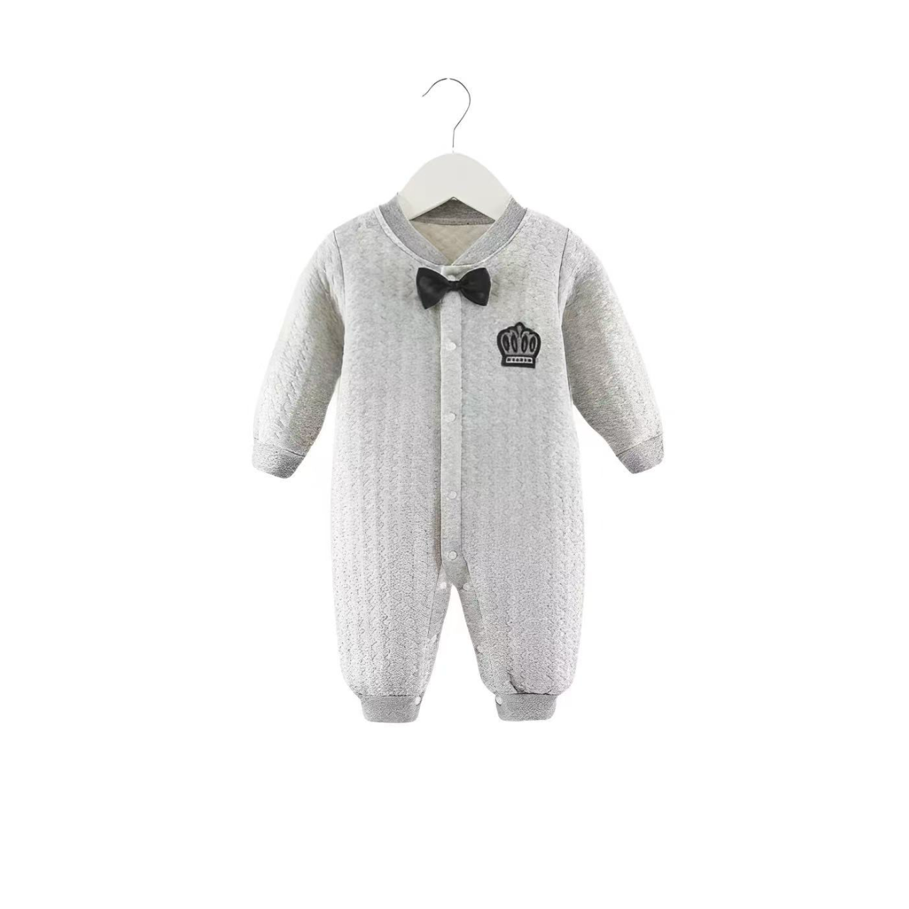 Gray quilted baby romper with black bow tie and crown print, formal newborn outfit
