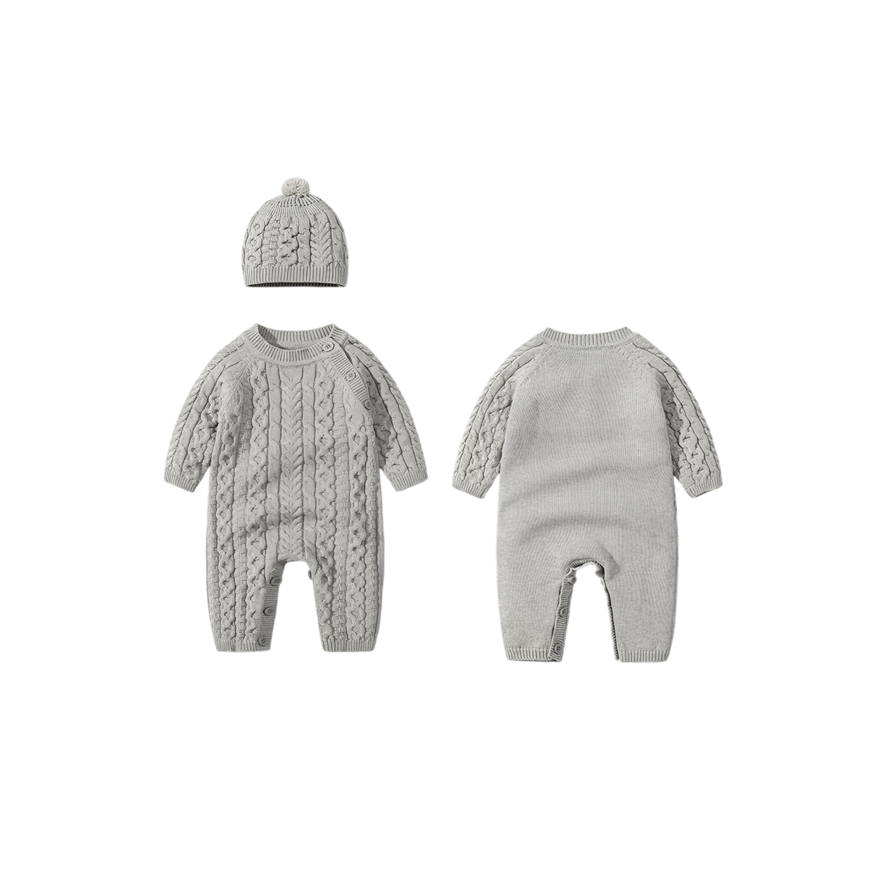 Front and back view of gray cable knit baby romper with hat, showing textured knit pattern and button closure.