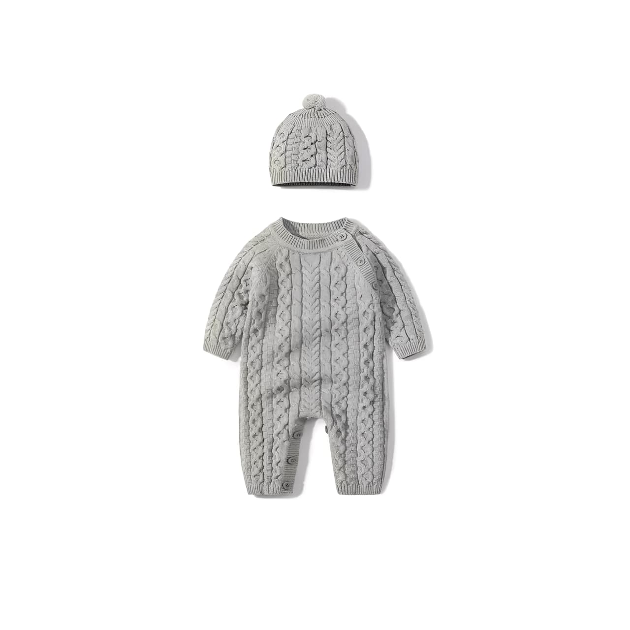 Gray cable knit baby romper with matching hat, soft cotton knit jumpsuit for newborns and infants.