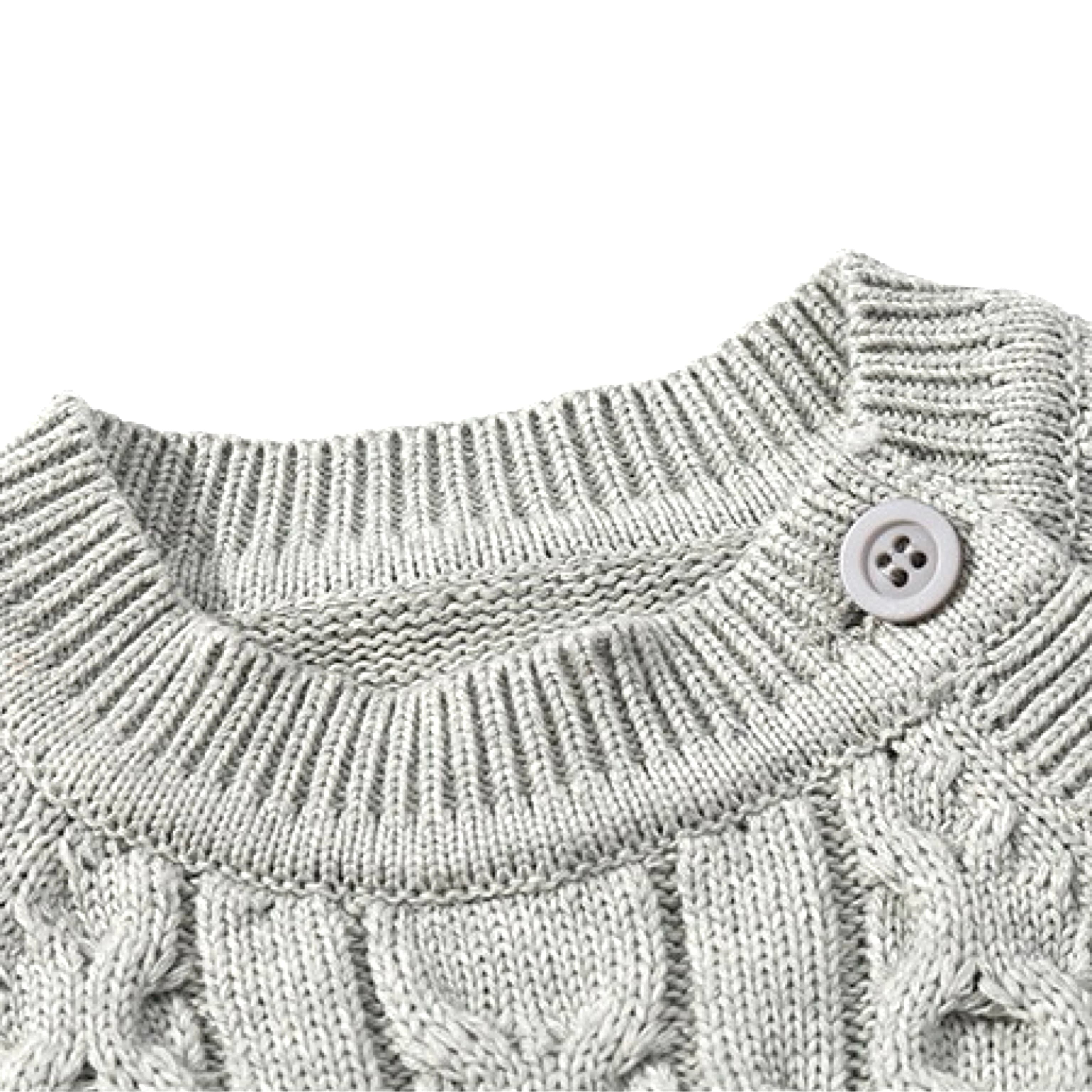 Detailed view of collar and button on gray cable knit baby romper, highlighting fine stitching and ribbed neckline.
