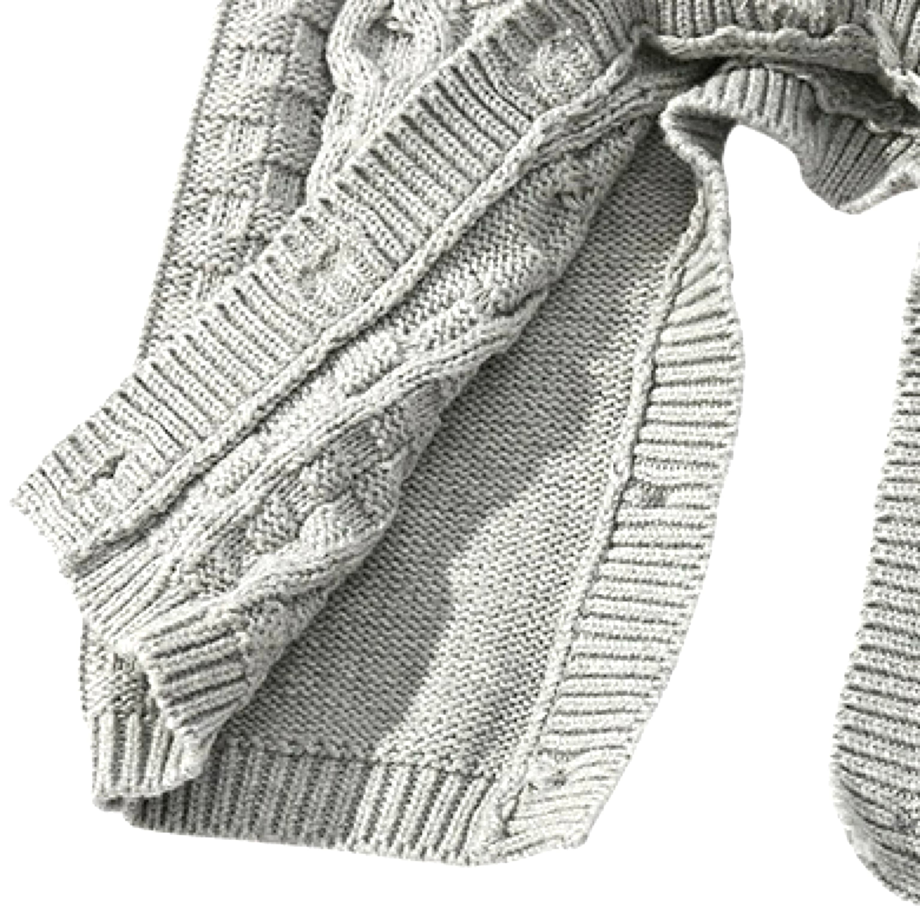 Close-up of sleeve and leg ribbed cuffs on gray cable knit baby romper, showing premium soft knit quality.
