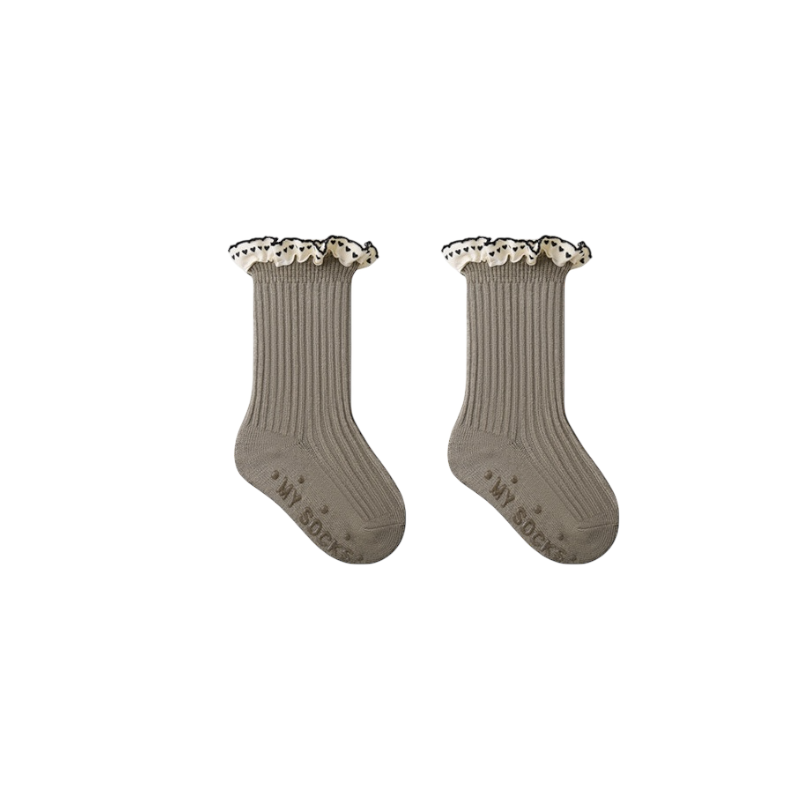 Gray-green baby socks with soft cotton rib and cute lace ruffle top