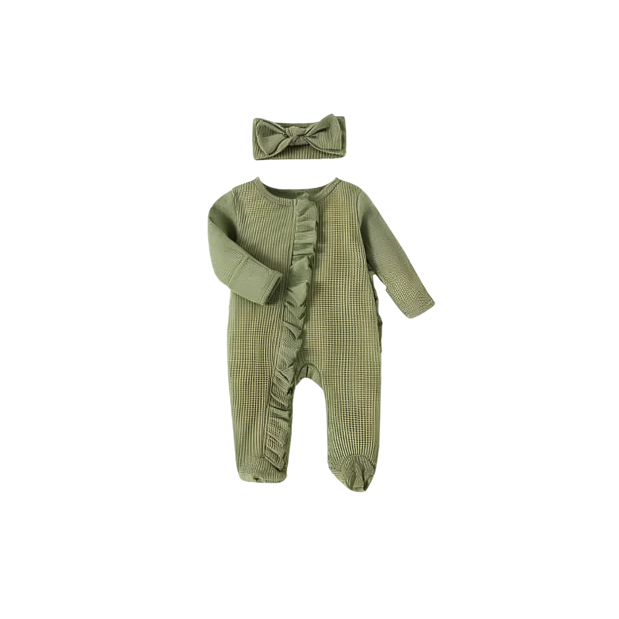Olive green ruffle baby romper with headband, long sleeves, lightweight breathable cotton
