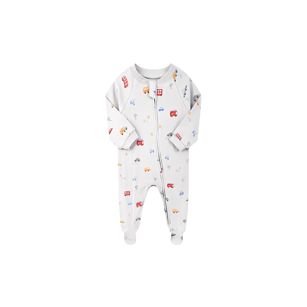 grey cotton baby romper with colorful car and bus print, long sleeve zip design
