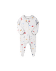 grey cotton baby romper with colorful car and bus print, long sleeve zip design
