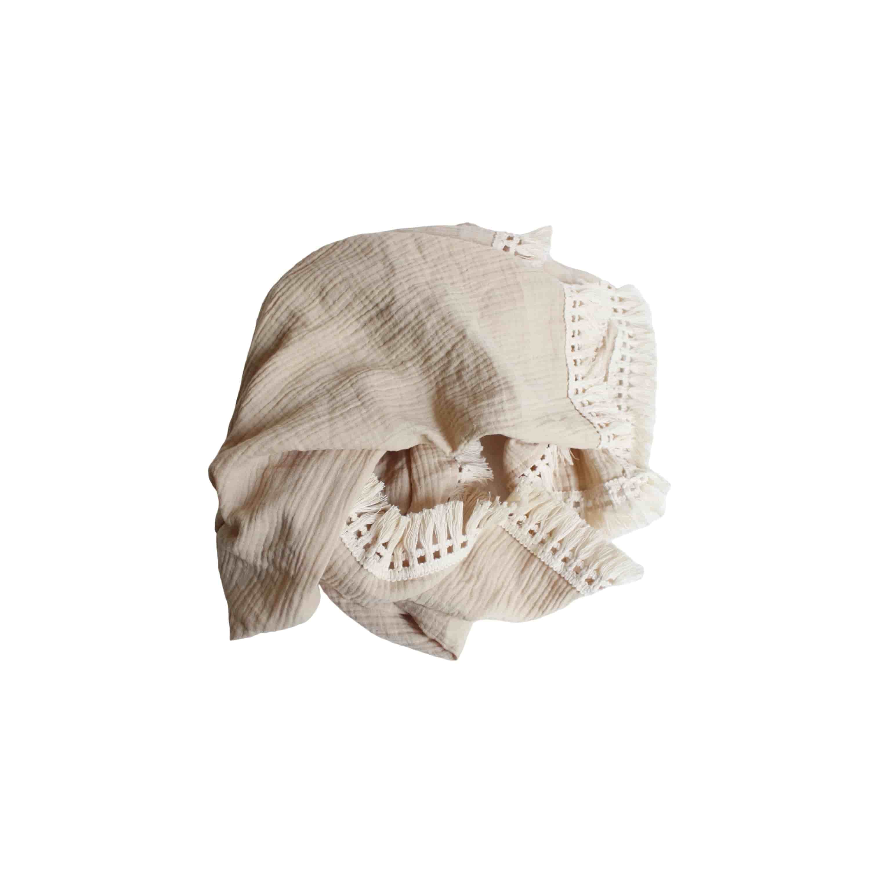 Grey cotton baby blanket with tassel edges, soft breathable newborn blanket for nursery, cot and stroller use.