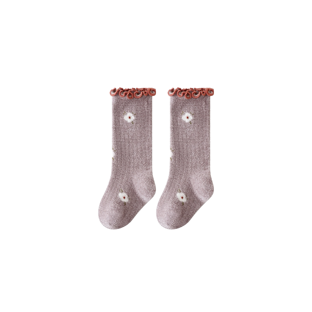 grey  baby socks with frill edge and daisy embroidery – cozy cotton ribbed fabric