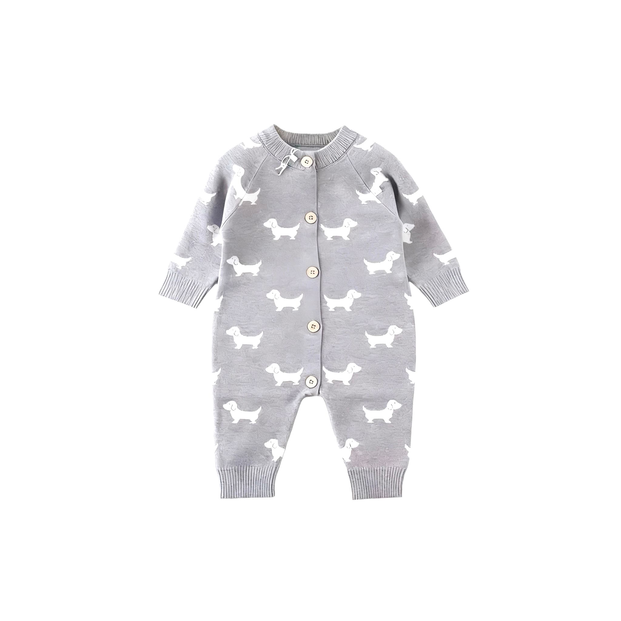Grey knitted baby romper with white dog pattern and front buttons
