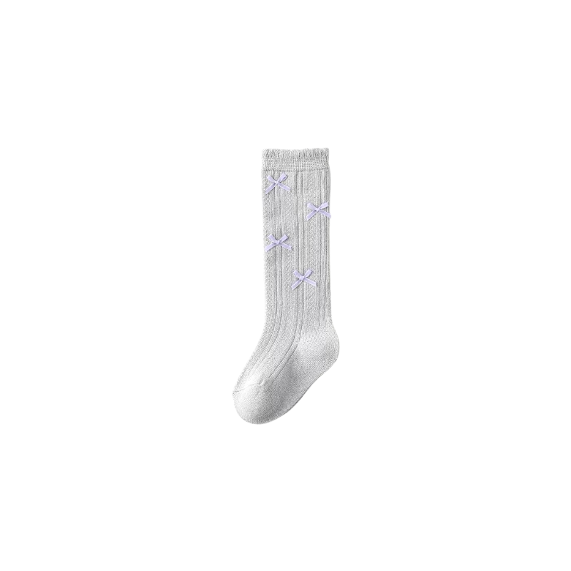 Grey knee-high knit baby socks with satin bow detail – breathable cotton