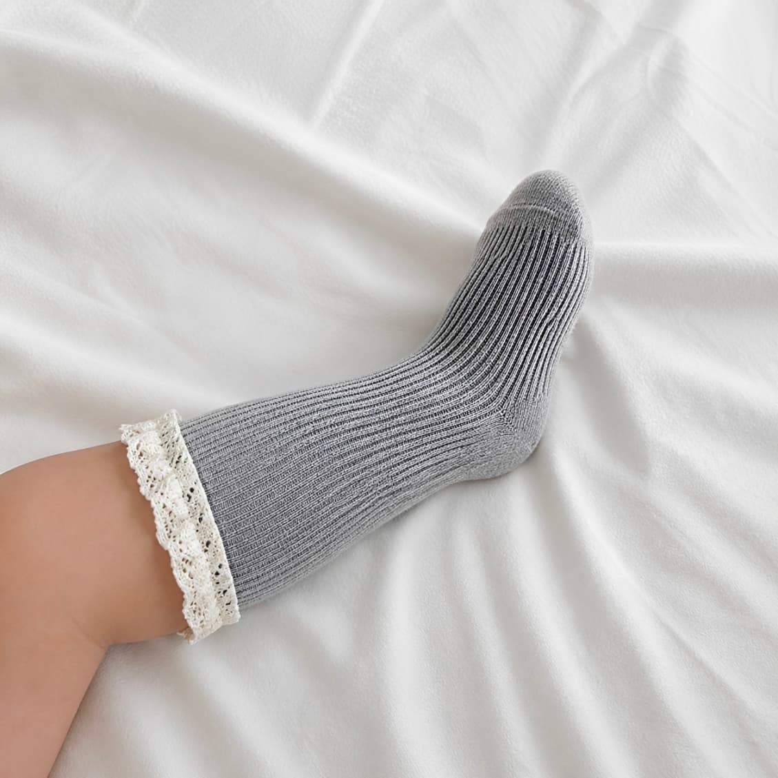 grey ribbed lace cotton baby socks for newborn girls and toddlers