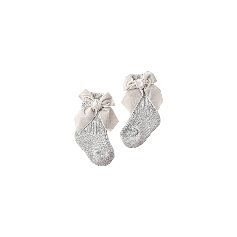 Grey ribbed baby socks with velvet bow — neutral soft cotton socks for babies.
