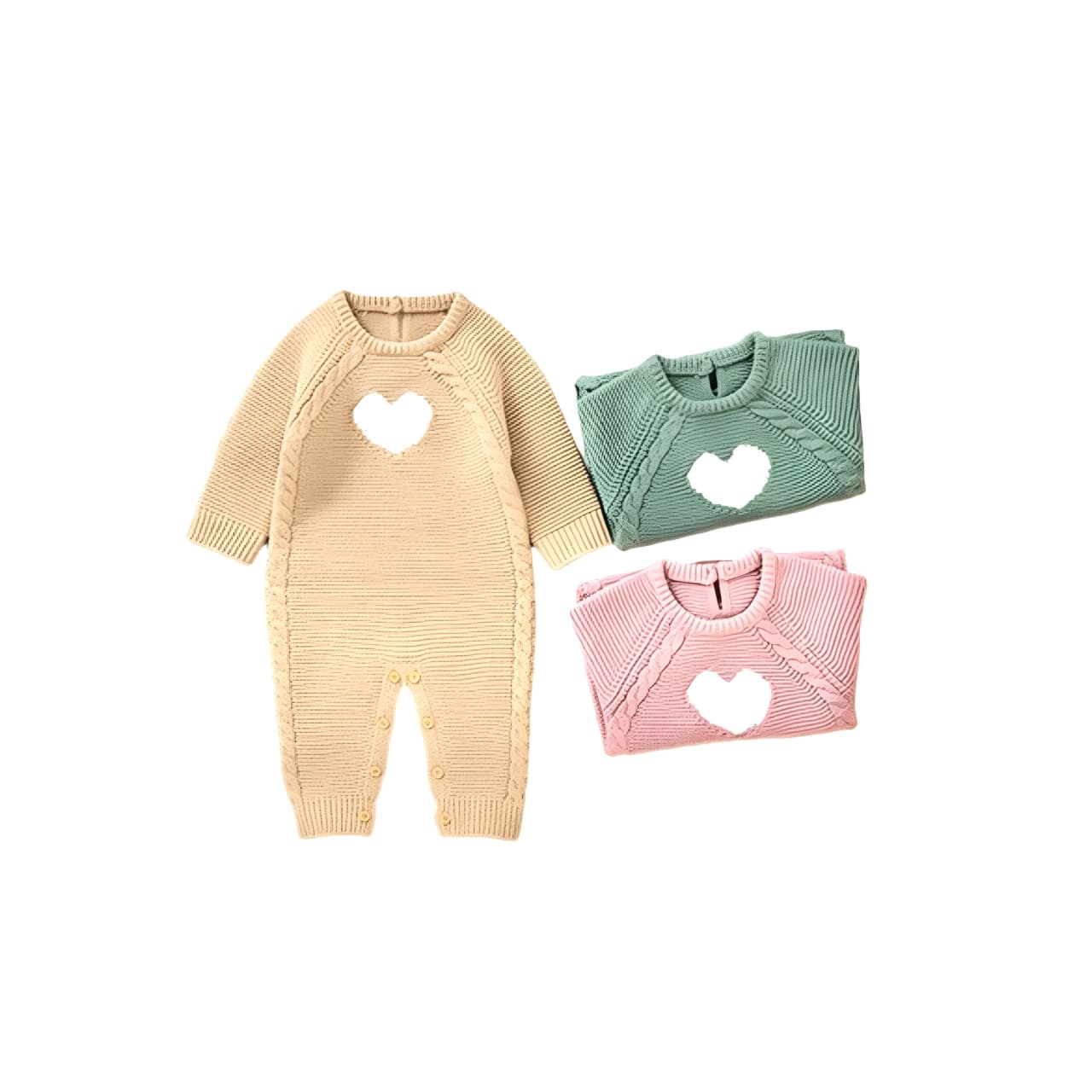Set of knitted baby rompers with heart design in beige, dark green, and pink colors