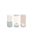Three pairs of baby socks with different patterns on a white background