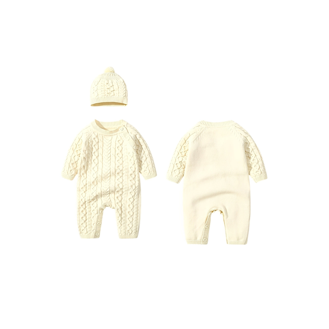 Front and back view of ivory cable knit baby romper with hat, soft cotton knit design for baby comfort.
