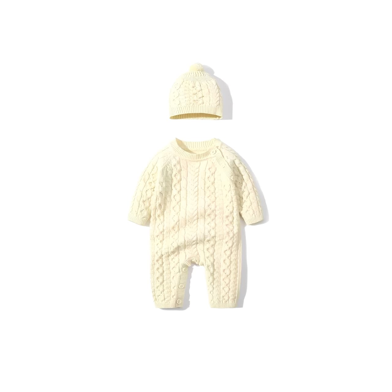 Ivory cable knit baby romper with hat, classic cotton jumpsuit for boys and girls.
