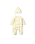 Ivory cable knit baby romper with hat, classic cotton jumpsuit for boys and girls.
