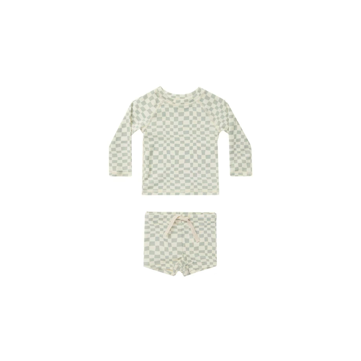 sage green checkered kids rash guard swim set with long sleeve top and matching shorts