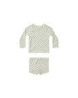 sage green checkered kids rash guard swim set with long sleeve top and matching shorts