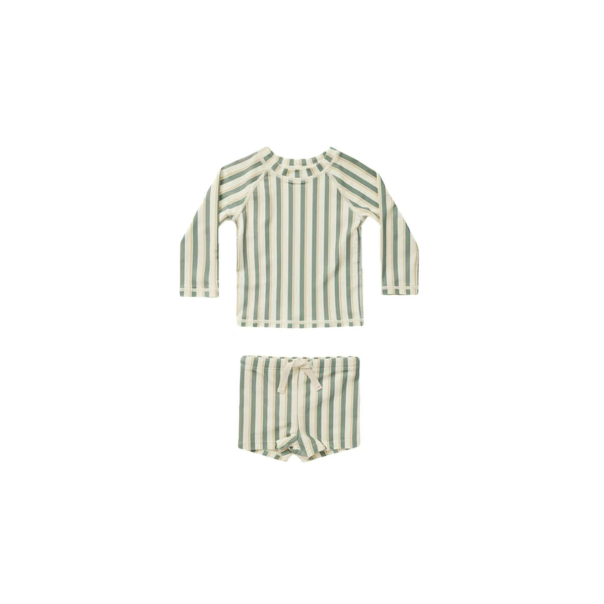 green striped kids rash guard swim set with long sleeve top and matching shorts
