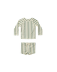 green striped kids rash guard swim set with long sleeve top and matching shorts
