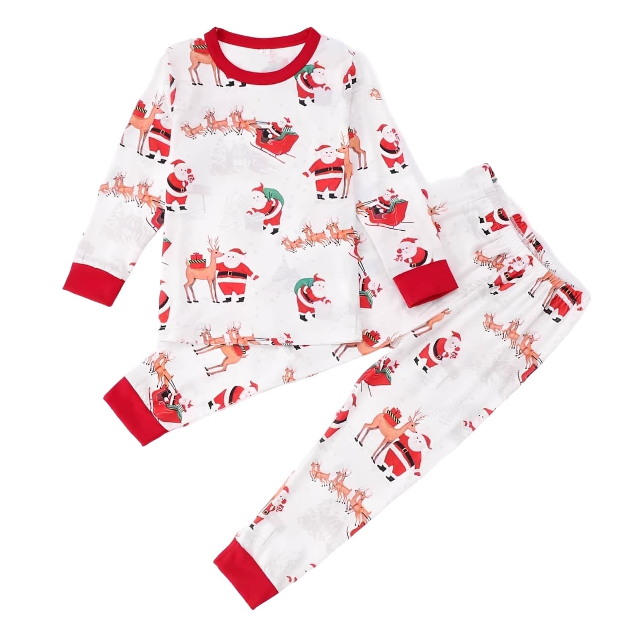  Kids matching Christmas pajamas with festive Santa Claus and reindeer design.
