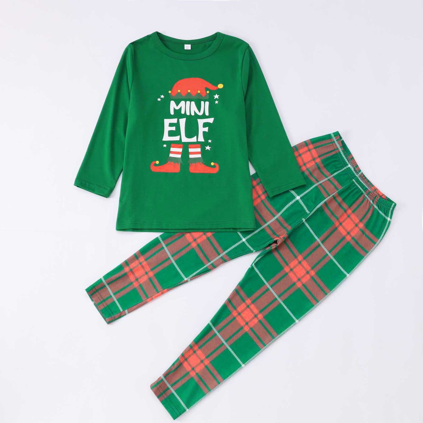 Kids Mini Elf Christmas pajamas set with green elf print top and red plaid pants
