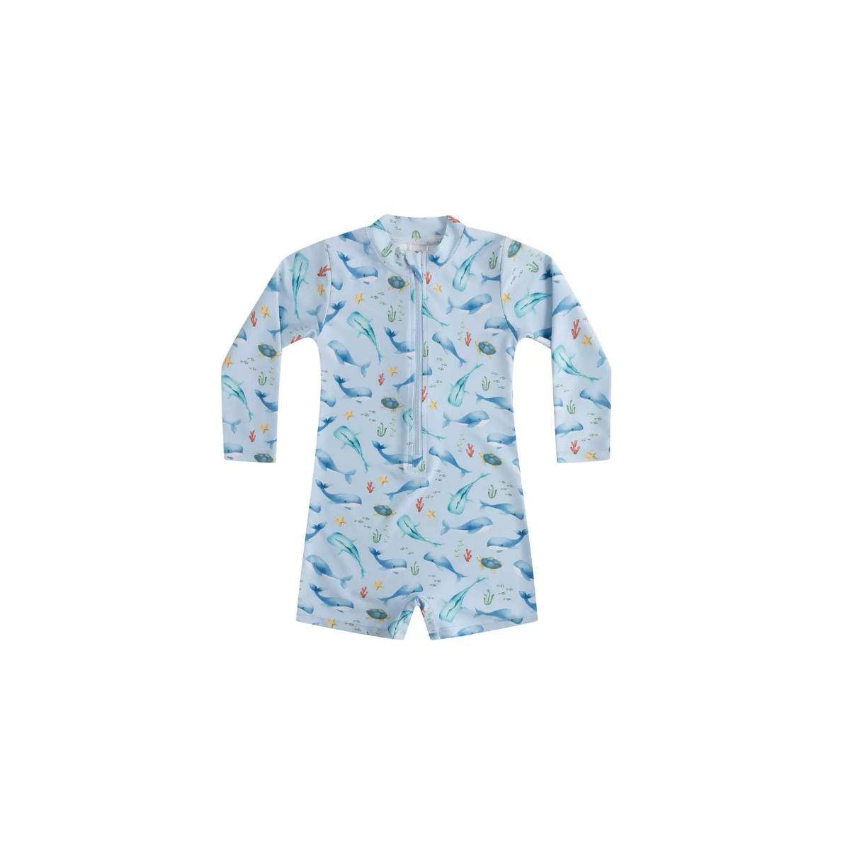 blue kids whale print rash guard swimsuit with long sleeves and front zip