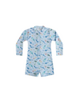 blue kids whale print rash guard swimsuit with long sleeves and front zip