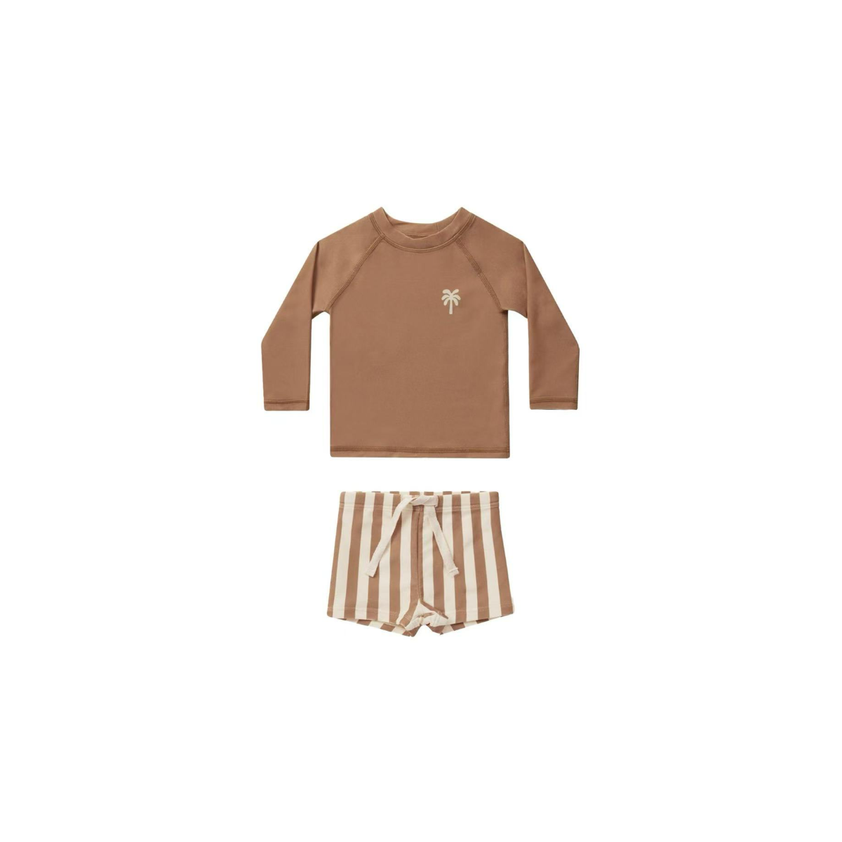 brown kids palm rash guard swim set with long sleeve top and striped swim shorts
