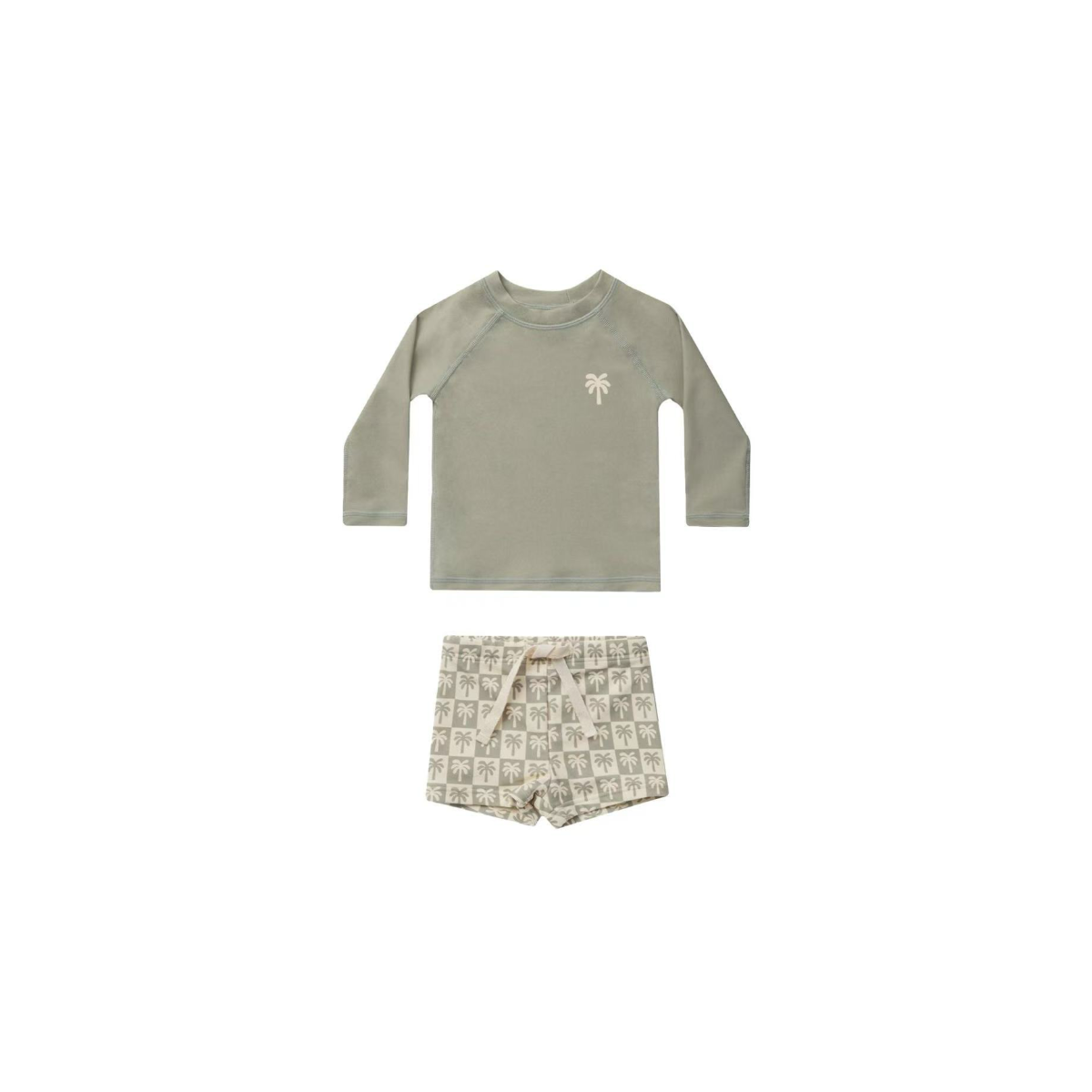 sage green kids palm rash guard swim set with long sleeve top and printed swim shorts