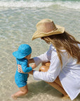 toddler wearing blue shark print rash guard swimsuit standing on sand back view UV swimwear