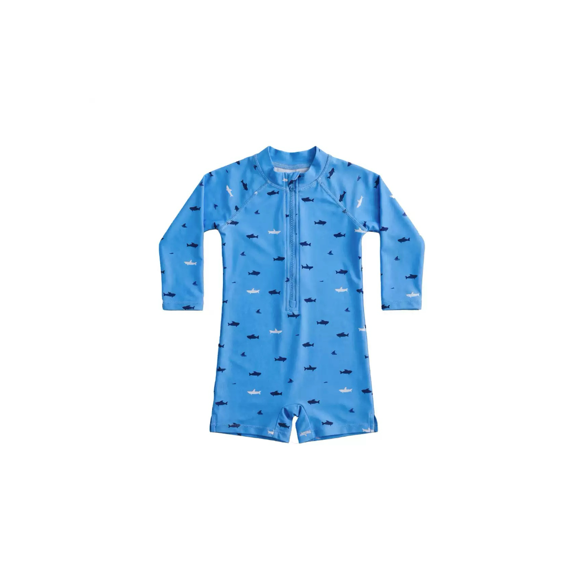 blue kids shark print rash guard swimsuit with long sleeves and front zip