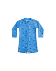blue kids shark print rash guard swimsuit with long sleeves and front zip