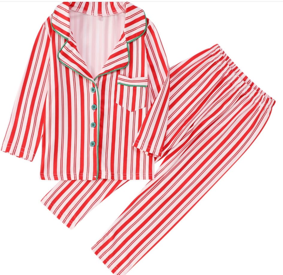 Kids Christmas pajama set with red and white stripes and green trim

