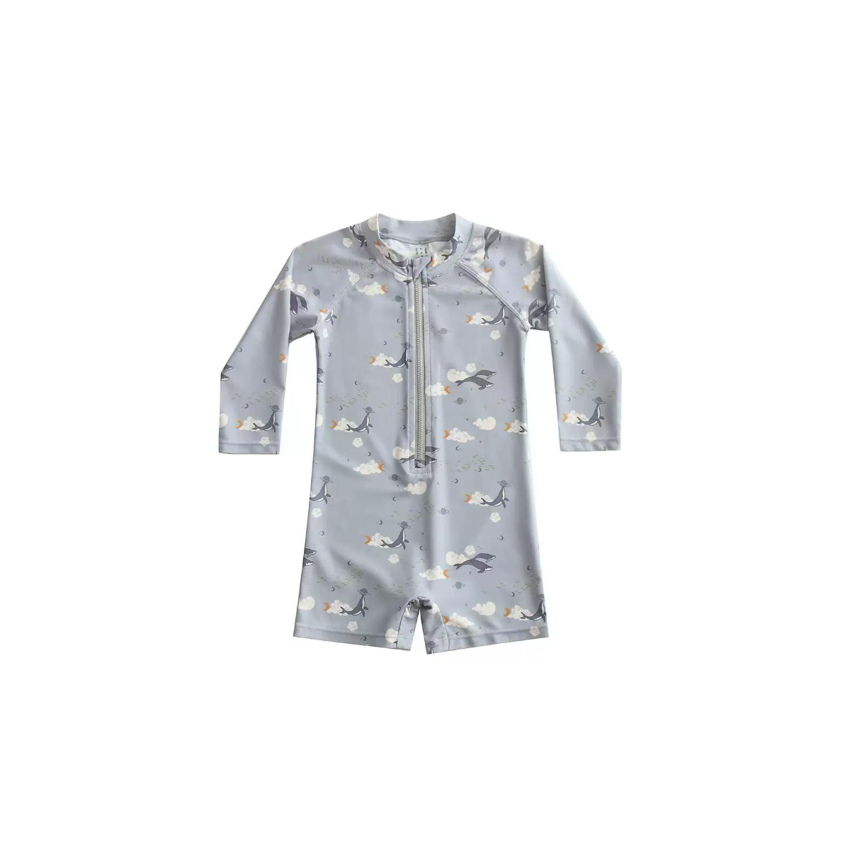 grey kids long sleeve rash guard suit with playful whale print