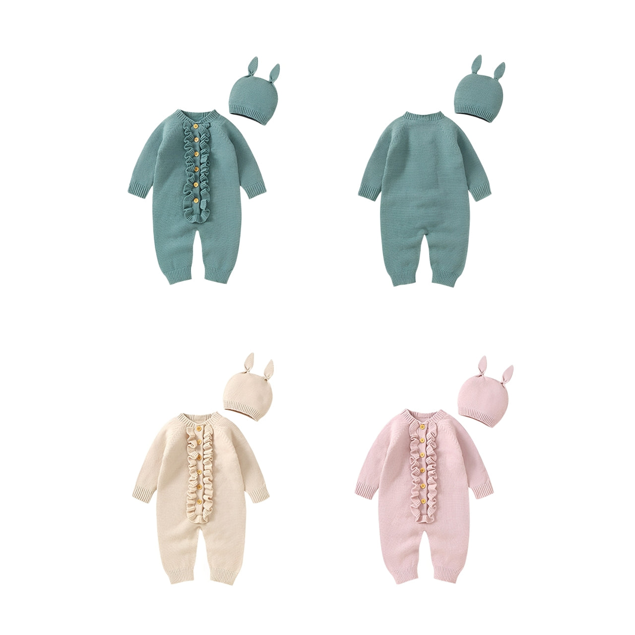 Three-color set of knitted baby rompers with matching hats in blue-green, light pink, and light apricot — soft cotton blend baby wear.
