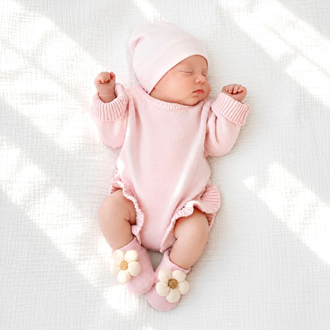 Baby wearing knitted flower anti-slip baby socks with soft cotton grip booties in cosy pastel nursery setting