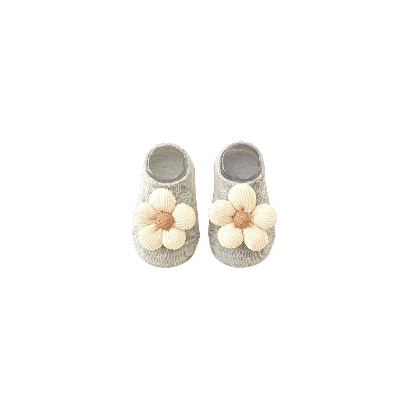 light gray knitted flower anti-slip baby socks with soft cotton grip booties in neutral baby fashion style