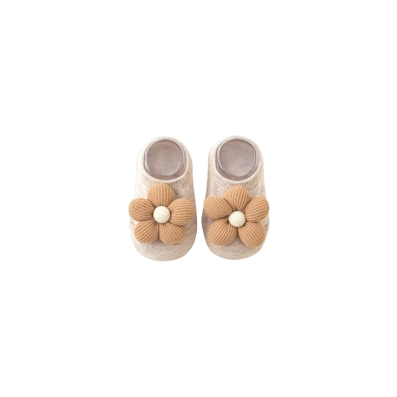 neutral knitted flower anti-slip baby socks with soft cotton grip booties for cosy everyday baby wear