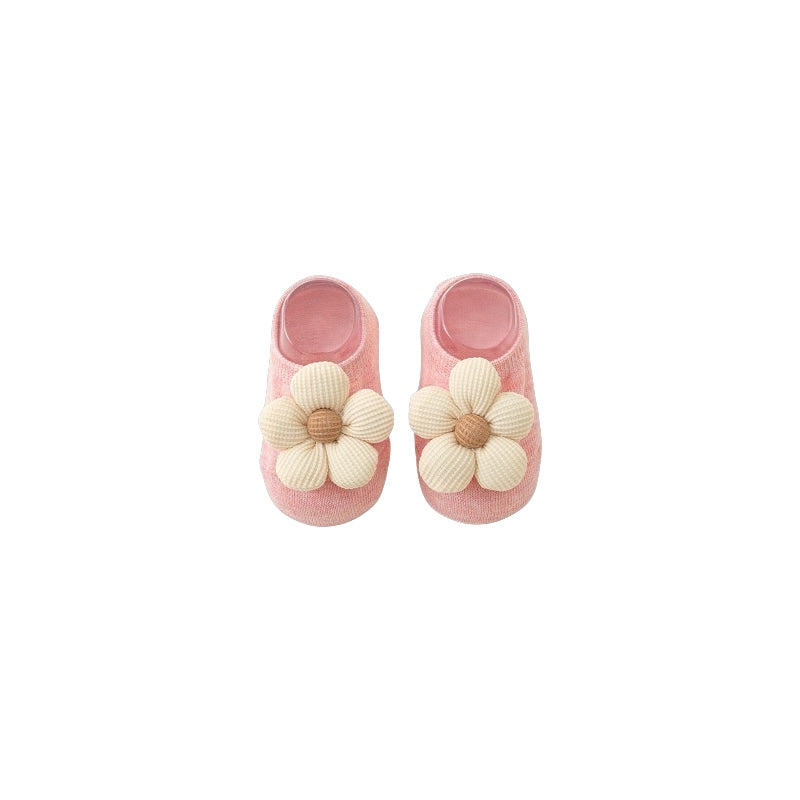 Pink knitted flower anti-slip baby socks with soft cotton grip booties for newborn and baby girls