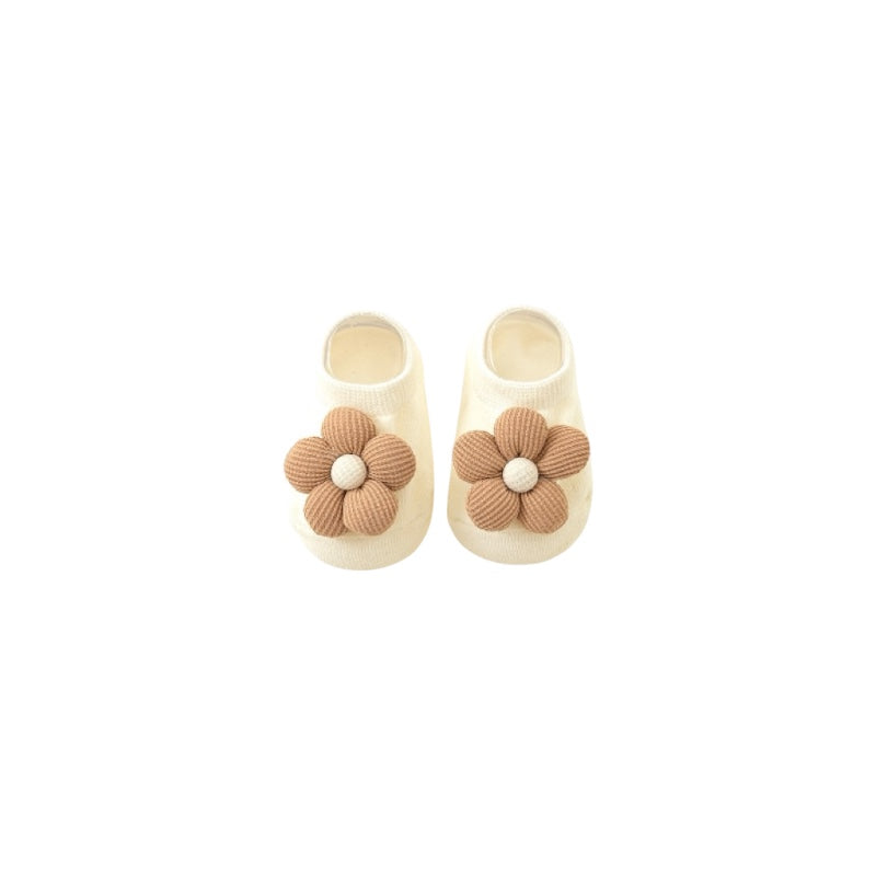 White knitted flower anti-slip baby socks with soft cotton grip booties in soft minimalist baby style