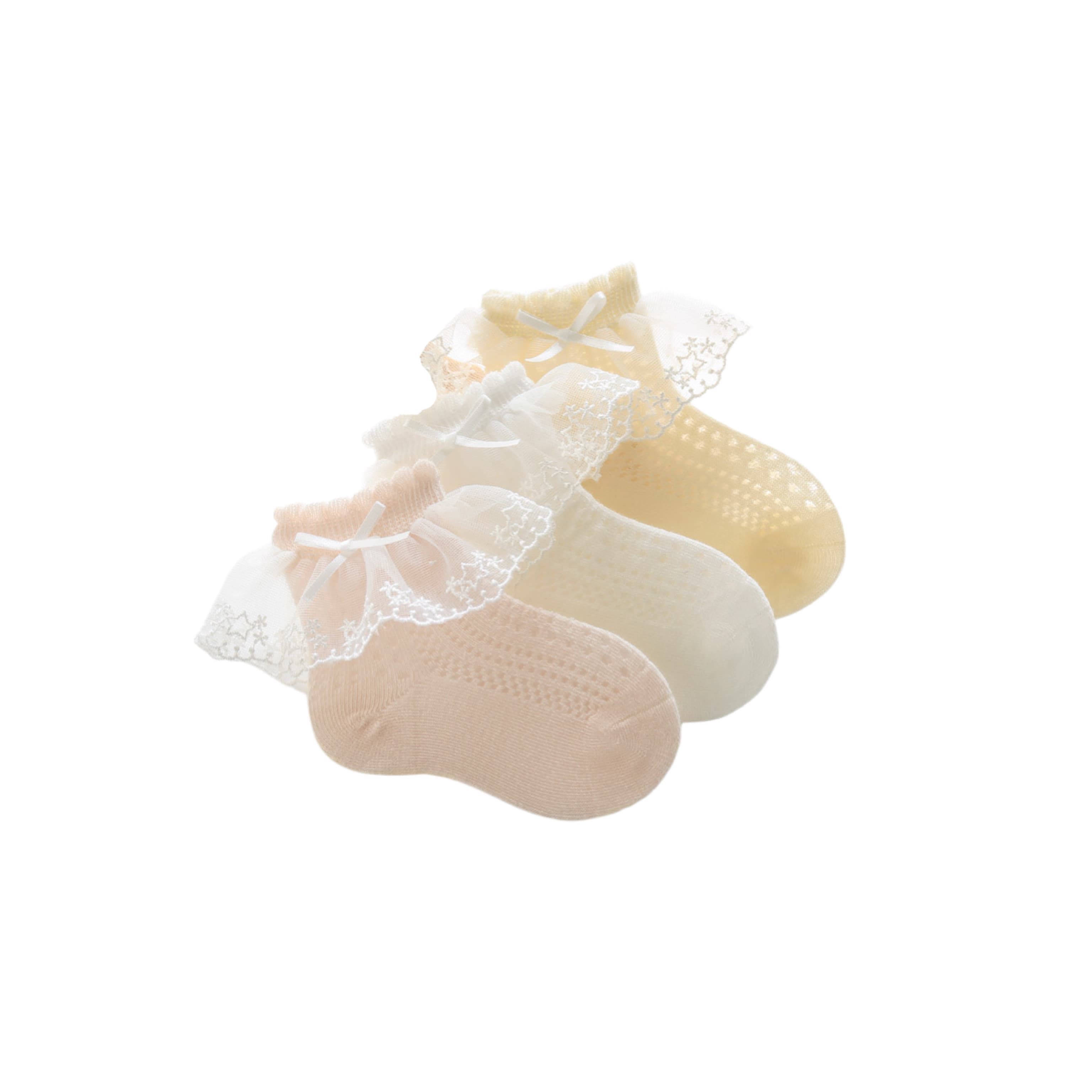 Set of lace bow baby socks in pastel pink, white, and yellow
