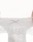 Close-up of delicate lace edge and bow design on baby socks
