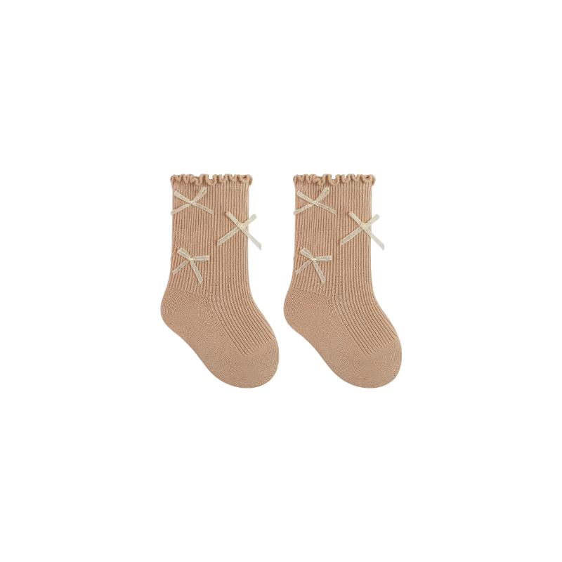 Coffee lace edge cotton baby socks with bow detail – soft cotton baby socks