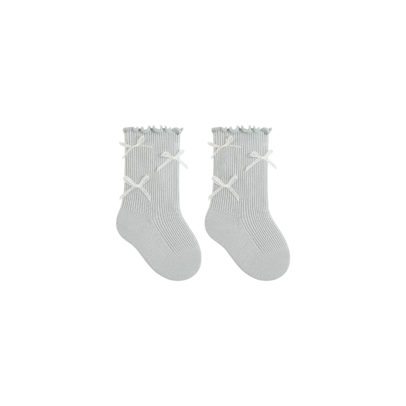 Grey lace edge baby socks – breathable cotton socks with bow and lace trim
