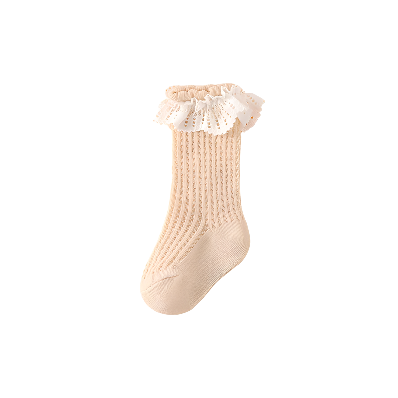 Beige lace frill baby socks – delicate cotton knit socks with ruffled lace cuff for girls
